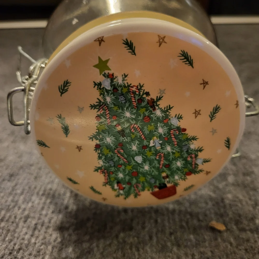 HOLIDAY Glass storage jar.  CHRISTMAS TREE TOP.  HINGED